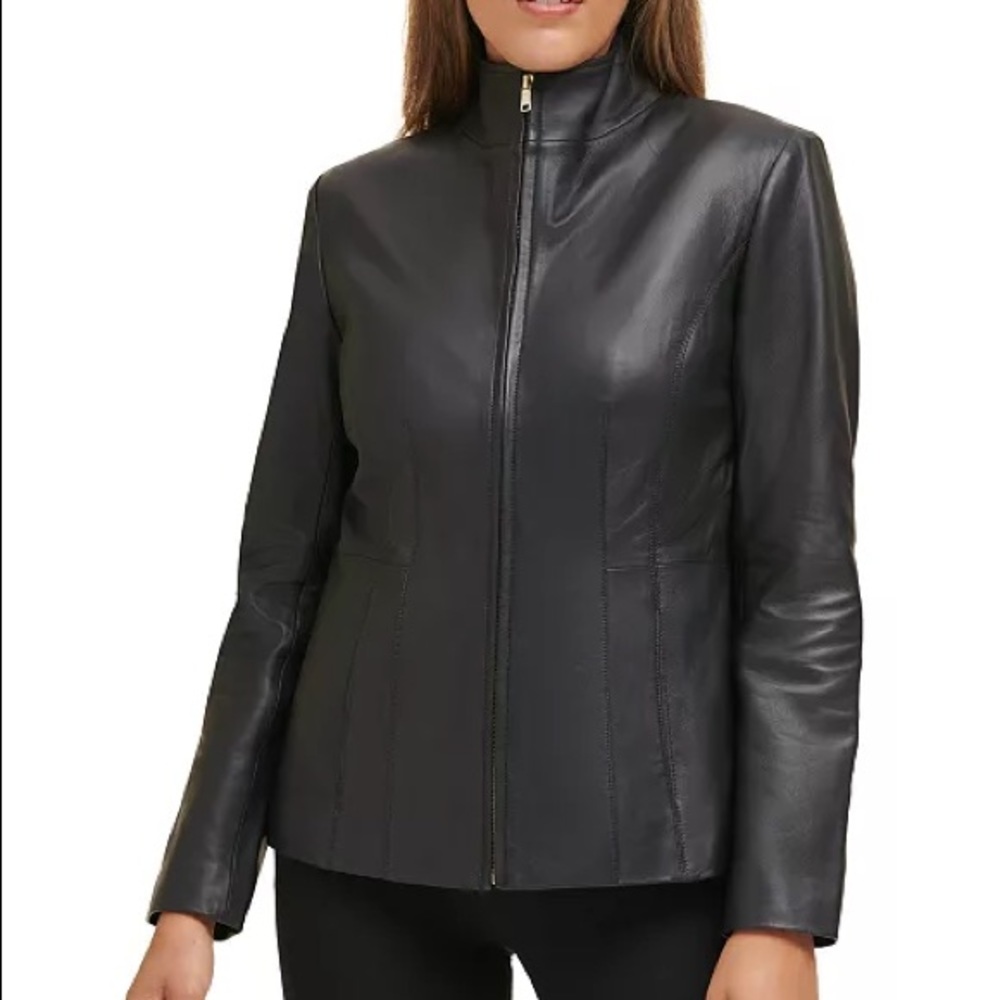 Cole Haan black lambskin leather moto jacket in SIZE 2